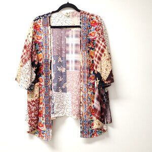 Savanna Jane Boho Embroidered Open Front Short Sleeve Cardigan Patchwork Size L